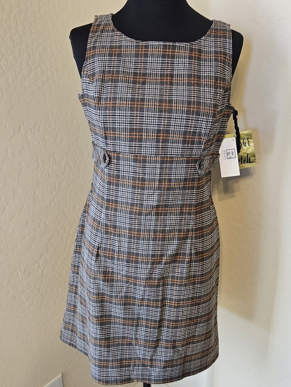 NWT VTG Y2K Plaid Sleeveless Sheath Dress in Gray and Brown